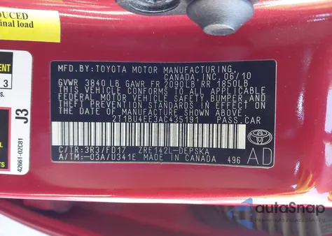 2010 Toyota Corolla S z USA, uszkodzony, nr VIN 2T1BU4EE3AC435191